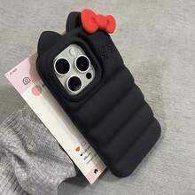 Sanrio 1pc Cute Little Devil Colorblock Puffer Jacket With Bow, Available In Black, White, Light Pink, Couple Design, Cat Ear, Two Cartoon Devil Elements, Silicone Waterproof Shockproof Phone Case Suitable For IPhone 17 16 15 14 13 12 11 Pro Max Plus, Soft, Great Gift For Ramadan, Valentine's Day, Compatible With 16/17/16pro, Bow Below Camera For 17pro And 17promax - Black - View 3