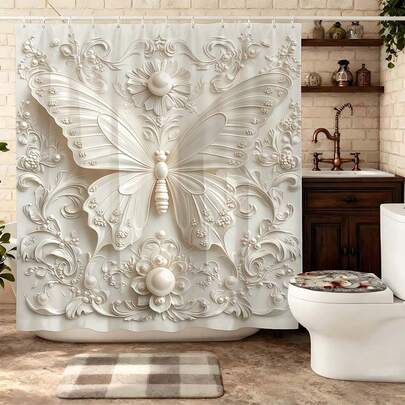 1pc 3D Embossed Butterfly Rococo Style Shower Curtain With Hooks, Luxury Baroque Style Bathroom Curtain, White Floral Carved Butterfly Bathroom Curtain Suitable For Luxury Bathroom Decor, High-Quality Bathroom Supplies, Suitable For High-End Bathroom Products In Luxury Homes, Fashionable Shower Curtain For Retro Aesthetic Bathrooms, High-End Bathroom Curtain For Luxury Home Renovation