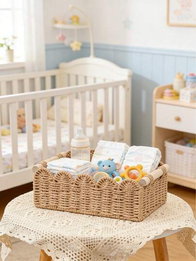 1pc Woven Storage Basket With Scalloped Edge, Suitable For Bathroom Tank Top Shelf, Bathroom, Living Room, Bedroom, Vanity, Home Decor, Bathroom Accessories, Tabletop, Home Organization And Storage, Organizer Basket