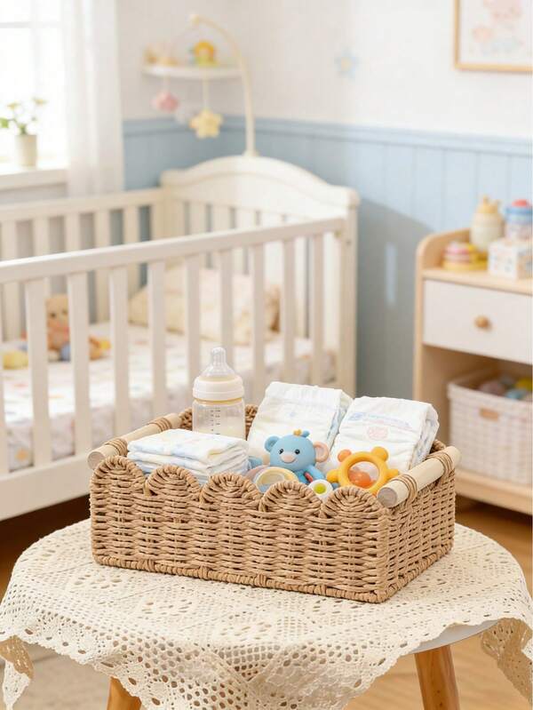 1个带扇形边的编织收纳篮，适用于浴室水箱架、浴室、客厅、卧室、梳妆台、家居装饰、浴室配件、桌面、家居收纳整理、整理篮