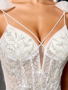 拼接派对拉链网纱水钻装饰优雅纯色婚纱 - 白色 - 查看 8