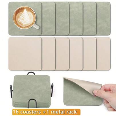 16pcs Coasters + 1pc Coaster Holder - Glass Coasters And Drink Coasters, Double-Sided Coasters, Non-Slip Coasters, Faux Leather Coasters, Leather-Style Coasters, Made Of High-Quality Faux Leather And Synthetic Leather, Suitable For Desktop Protection