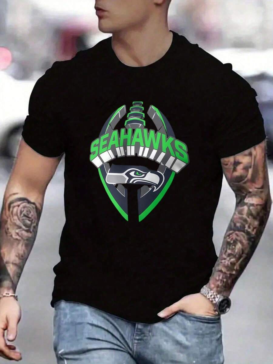 Men's SeattleSeahawks Fan Graphic Tee ,Seahawks Football T-Shirt, Cool Popular, Fashion, Gift For Football Fan, Men'S And Women's Graphic T-Shirt,Casual Sport Attire - Machine Washable, Seahawks Gift For Men - 黑色 - 查看 1