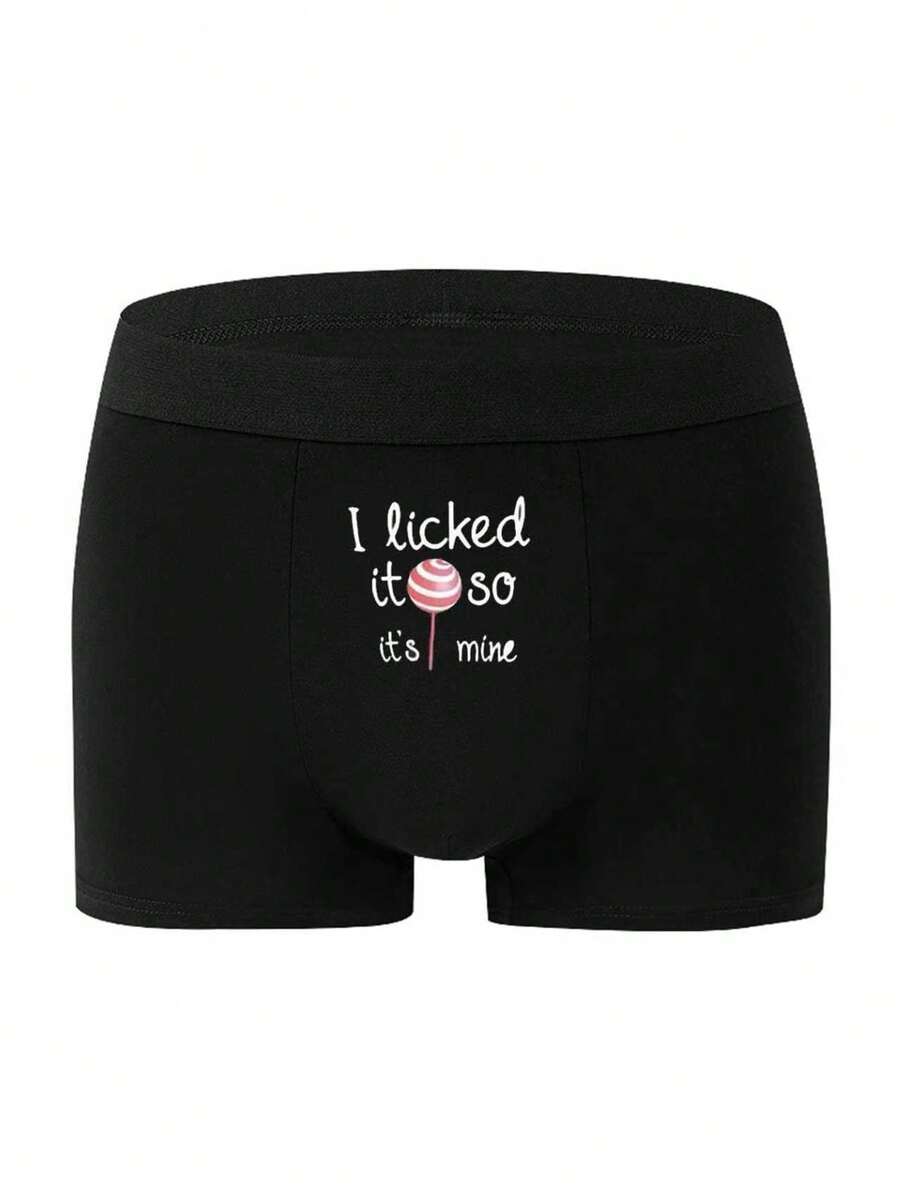 男士黑色简约时尚弹力字母印花平角内裤，适合日常穿着 - 黑色 - 查看 1