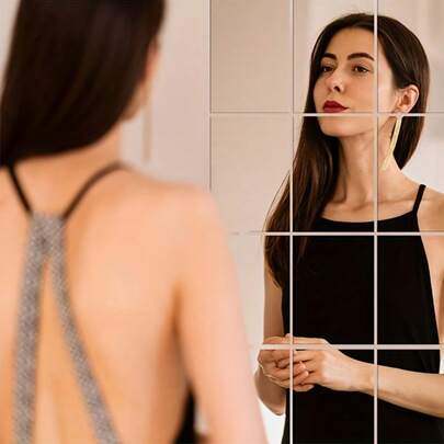 14pcs Mirrored Tile - Rectangular 10X15cm/15X23cm/13X18cm Frameless Self-Adhesive Full-Length Mirror Panels, Transparent Vertical/Horizontal Wall Mirrors, Suitable For Living Room, Bathroom, Shower, Dressing Room - Adhesive Backed, Easy Installation, Lightweight, Modern Home Decor (Compatible With Various Surfaces) - Fashionable And Versatile Design, Bathroom Mirror, Living Room Mirror, Decorative Wall Mirror, Mirror Wall Decor, Bedroom Mirror