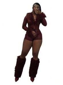 Women's Fashion Fuzzy Faux Leather Set Snake Print Long Sleeve & Elastic Casual Shorts,Two Piece Set Women - 酒紅色 - 查看 3