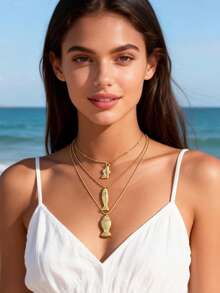 imoli 1 Set/Fashionable Creative New Bohemian CCB Ocean Element Fish Pendant Multi-Layer Necklace, Suitable As Beach Holiday Gift For Women - 31258-nek-g-eP - View 3