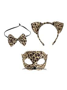 Cheetah Costume Set, Leopard Print Cat Ears With Bow, Masquerade Ball Mask, Women's Halloween Costume Accessories, Women's Party Costume, Suitable For Carnival, Halloween Costume Party, Christmas Eve, Birthday Party, Role-Playing Party, Festival Or Costume Party. - Multicolor - View 4