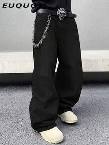 Y2K复古风男士黑色水洗宽松阔腿牛仔裤，直筒休闲版型牛仔裤，送给老公或男友的完美礼物 - 黑色 - 查看 5