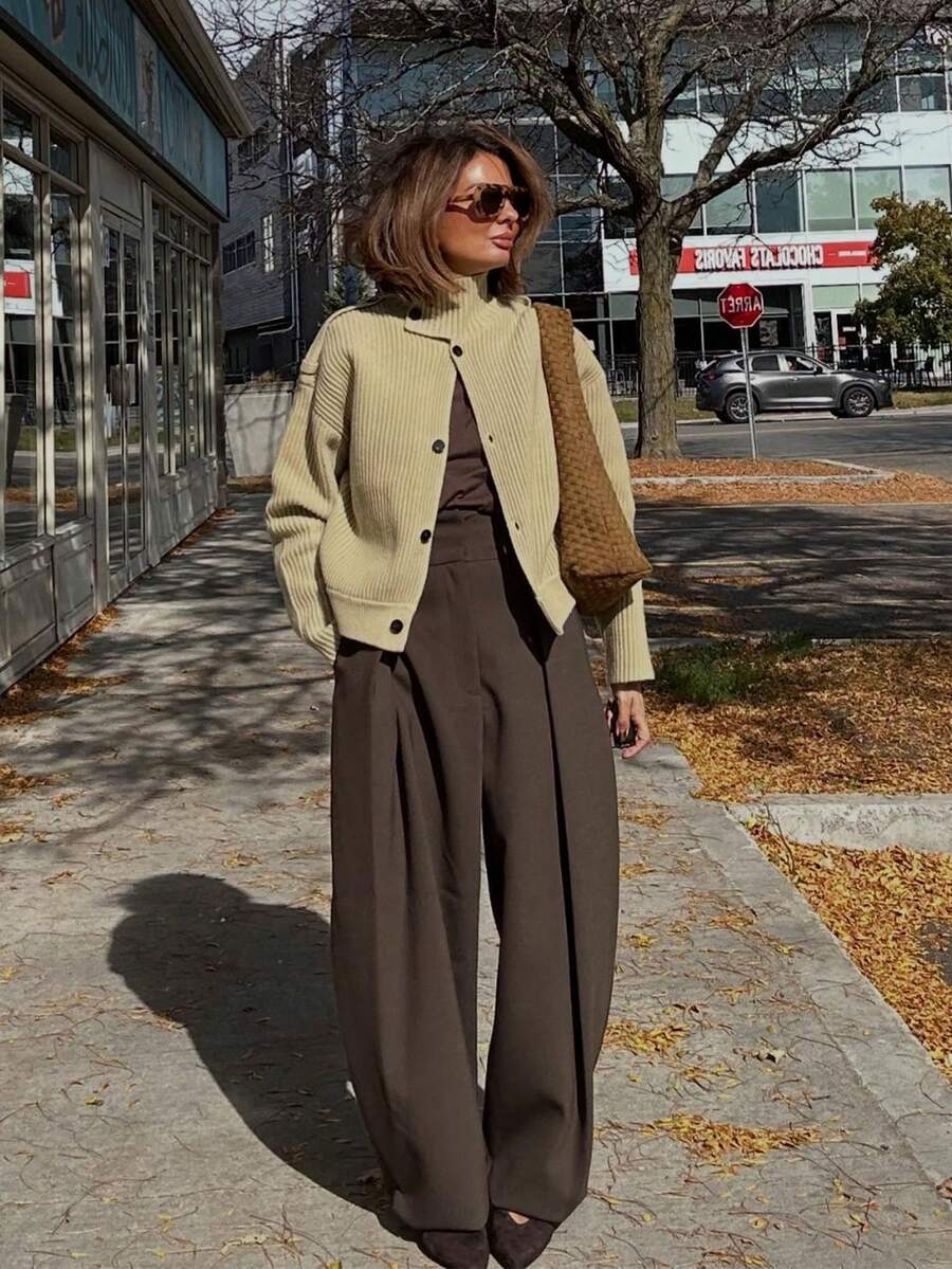 女士休闲针织开衫，立领纯色长袖宽松毛衣，百搭优雅女式外套 - 橄欖綠 - 查看 1