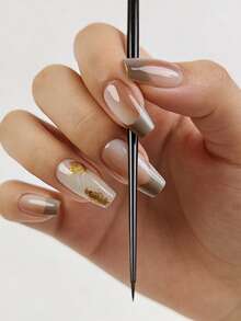 24片法式美甲，Y2K风格，奶油色，长棺材型，时尚渐变，闪粉几何条纹，箔印图案，简约可重复使用，按压式亚克力美甲，假指甲用品，附赠24片果冻贴片和迷你指甲锉。 - 米色 - 查看 1
