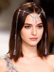 1件仙女发饰头带，女士复古长流苏头饰，镶钻水晶新娘额链婚礼发饰，适合女性和女孩 - 銀色 - 查看 2