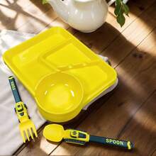 3件套儿童餐具套装，幼儿餐具勺子和叉子，儿童独立进食分隔餐盘，积木造型餐具套装，儿童耐用易清洗餐具套装，家用厨房喂食勺，餐盘，学校午餐餐具，可爱卡通勺子（黄色/蓝色/橙色） - 彩色 - 查看 1