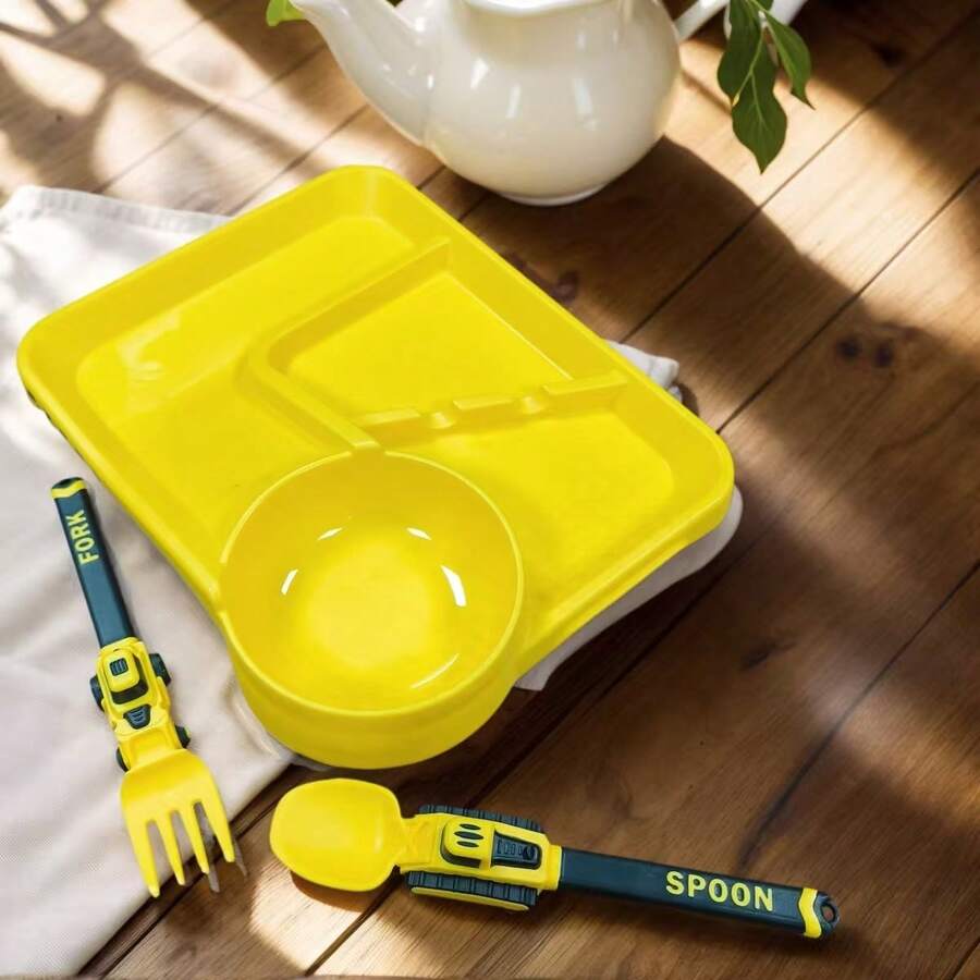 3件套儿童餐具套装，幼儿餐具勺子和叉子，儿童独立进食分隔餐盘，积木造型餐具套装，儿童耐用易清洗餐具套装，家用厨房喂食勺，餐盘，学校午餐餐具，可爱卡通勺子（黄色/蓝色/橙色） - 彩色 - 查看 1