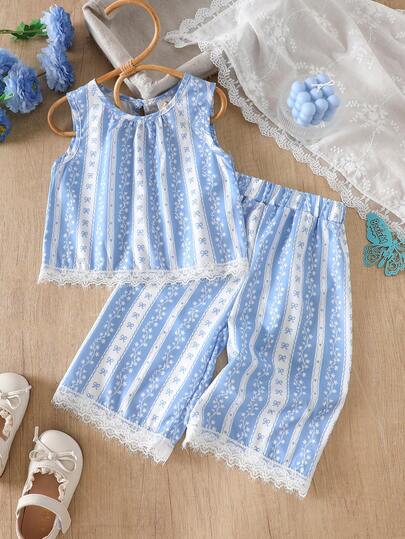 Bộ 2 món cho bé gái, gồm áo vest và quần dài in hình nơ, trái tim, hoa, chất liệu vải dệt mềm mại và thoải mái, thích hợp mặc ngoài trời, mùa xuân/hè.