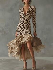 Women's V-Neck Stone Pattern Mesh Long Sleeve Dress | Digital Print Patchwork Slim Fit Dress - 杏色 - 查看 1