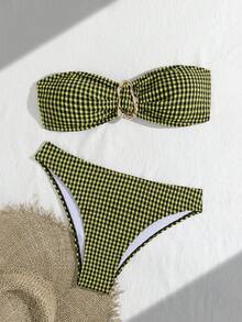 wohenmeili 女士金属扣装饰清新比基尼套装，女士浅蓝色格子抹胸比基尼套装，配丁字裤底，波西米亚风露背系带设计，高弹面料，特殊面料女士两件式泳衣，度假沙滩夏季 - 黃黑格 - 查看 4