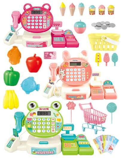 Caja registradora de juguete, calculadora de escáner de caja de salida simulada de supermercado con luces y sonidos, juego interactivo, todos los accesorios aleatorios (no se incluyen baterías, se requieren 2 baterías AA de 1.5V proporcionadas por el cliente)