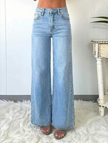 优雅时尚女士休闲阔腿牛仔裤，牛仔面料，浅色水洗，长款，中等弹力。 - 淺色水洗藍 - 查看 2