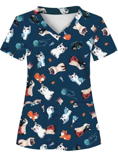 White Base Allover Print Scrub Top With 2 Pockets, Women's Uniform Clothing, Nurse Workwear, Dental Clinic Uniform, Healthcare Scrub Shirt, Short Sleeve Nursing Scrubs, Knit Fabric, All Season