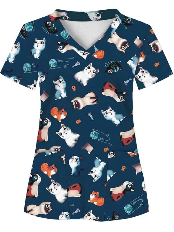 White Base Allover Print Scrub Top With 2 Pockets, Women's Uniform Clothing, Nurse Workwear, Dental Clinic Uniform, Healthcare Scrub Shirt, Short Sleeve Nursing Scrubs, Knit Fabric, All Season