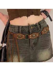 Vintage Western Rivet Belt, Bohemian Style Leather Belt For Skirts And Pants, Brown, Bohemian Linen Waist Belt, Suitable For All Seasons - Brown - View 5