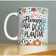 Caneca  de Porcelana Personalizavel 325ml - Olho Grego - Floresça onde Deus Te  Plantar - Multicolorido - Visão 2
