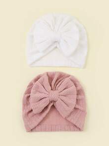2个/包 1-6个月婴儿针织提花发带帽，婴儿蝴蝶结头巾帽，帽子，新生儿针织帽 - 彩色 - 查看 9