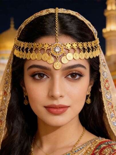 Collar con colgante de moneda de oro multicapa en forma de media luna para mujer, regalo para el festival musulmán (Eid Al-Fitr) y las vacaciones de Ramadán, accesorio de lujo para el pañuelo musulmán