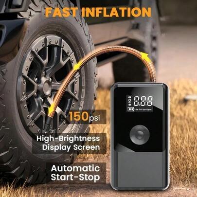 Compact and Efficient Wireless Air Compressor for Inflating Car Tires, Balloons, Etc., with Digital Display, Portable Power Station - Seven-in-One Emergency Car Starter, Fast Charging Battery Clamp Connector, Digital LCD Display, USB/USB-C Ports