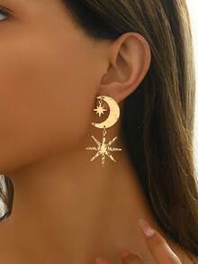 一对中东斋月风格女士耳环，简约金属星月耳钉，日常佩戴及派对礼物，送给朋友的理想之选 - Golden - 查看 2