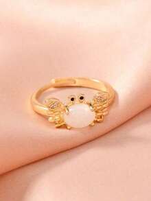 1pc Fancy Adjustable Crab Ring Women, Cute Vintage Summer Beach Style Copper Silver 18K Gold Plated Moonstone Light Blue Animal Rings Jewelry Girls Daily And Party Occasions, Friends - 月光白 - 查看 5