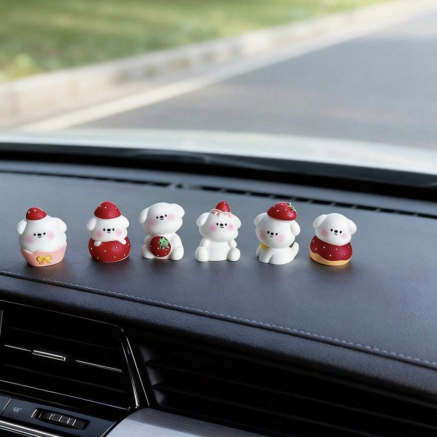 2/6pcs Cute Strawberry Puppy Mini Sculpture, Suitable For Car Dashboard Decor - Perfect For Decorating Your Car Dashboard, Computer Desk, Office Computer Screen, And Office Desk. These Are Small Decorative Items And Gifts (Using Non-Trace Adhesive).