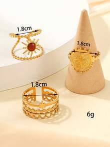 3件套不锈钢金色星星、月亮、太阳及棕色点缀可调节戒指套装，适合女性日常佩戴或作为礼物 - 金黃色 - 查看 3