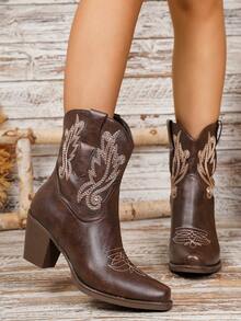 2026 Women's Fashion Chunky Heel Square Toe Embroidered Classic Western Boots - Brown - View 7