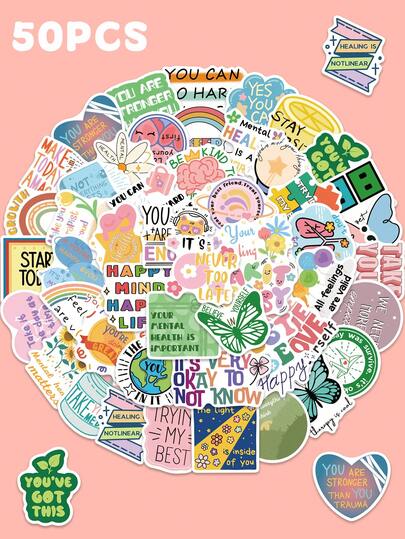 50张心情贴纸 彩色美学贴纸 创意贴纸 适用于剪贴簿、吉他、滑板、手机壳、笔记本电脑 DIY装饰贴纸 PVC材质 礼品（不易脱落）