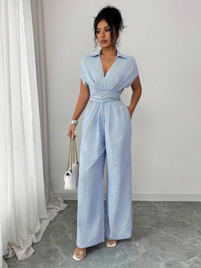 Lily House Women's Blue & White Striped Fitted V-Neck Jumpsuit With Short Sleeves, High Waist Wide Leg, Elegant Spring/Summer Casual Outfit Suitable For Weekend Outings, Parks, Picnics, Vacations
