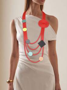 MARLIWOO 1pc Vintage Long Layered Geometric Checkerboard Circle Pendant Necklace, Fashion Party Jewelry For Women - Colorful - View 3