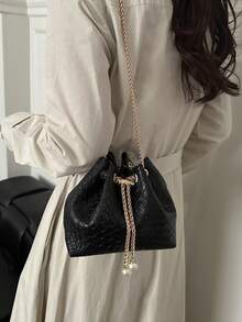 1个时尚编织纹理链条肩带迷你水桶单肩斜挎包 - 黑色 - 查看 2