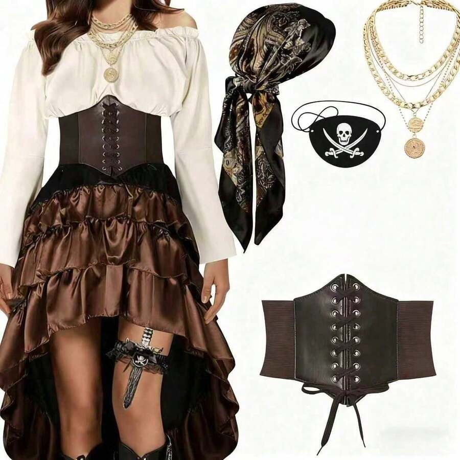 4pcs Pirate Costume Accessories Set: Headscarf, Necklace, Eye Patch. Women's Pirate Themed Party, Masquerade, Cosplay, Christmas, Carnival, Valentine's Day Costume Props Set, As Well As Daily Festival Costume Role-Playing Dance Set Essential Items. - Multicolor - View 1