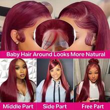 200% Density Straight Lace Front Wig, Human Hair Blend, 13x4 Transparent Lace, Glueless Wig For Women, Brazilian Virgin Hair, Pre-Plucked Hairline With Baby Hair, Color: Black, Length: 24 Inches, #99J Wine Red - SBUG/99J - View 7