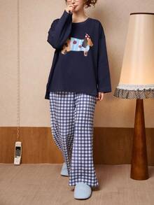 2pcs/Set Spring Cotton Long Sleeve Couple Pajamas, Cartoon Sausage Dog Print, Soft & Breathable Black Homewear Set For Women - Black - View 6