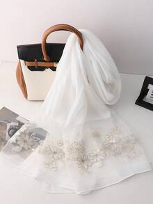 1条桑蚕丝刺绣围巾，手工花卉刺绣披肩，长款旗袍围巾