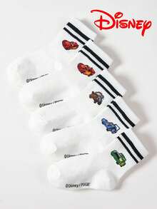 Disney 5双装迪士尼汽车卡通图案儿童船袜，黑白条纹，可爱迪士尼设计，时尚休闲透气学生袜，适合日常穿着、返校季、节日礼物 - 彩色 - 查看 3
