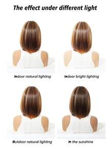 女士短款黑色棕色合成自然发假发，波波头直发带刘海，耐高温，日常、角色扮演、派对假发 - 間色 - 查看 8