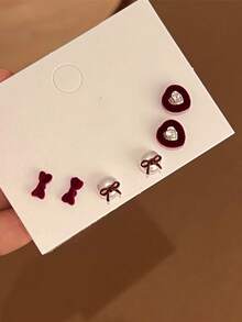 秋冬季植绒蝴蝶结心形耳钉套装，蓬松红色耳环，新年饰品 - 紅色 - 查看 7