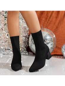 Boots For Women Ankle Booties Knit Sock Boots Pointed Toe Chunky Heel Lightweight Comfort Booties Slip On Ladies Fall Boots Dressy Vintage Fall Winter Casual Boot - 黑色 - 查看 1