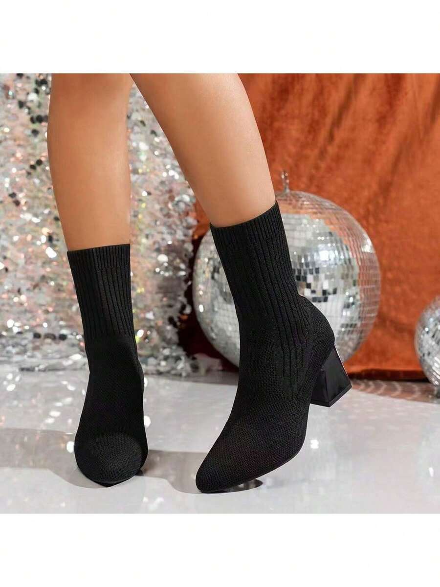 Boots For Women Ankle Booties Knit Sock Boots Pointed Toe Chunky Heel Lightweight Comfort Booties Slip On Ladies Fall Boots Dressy Vintage Fall Winter Casual Boot - 黑色 - 查看 1