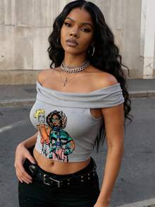 女士Y2K风格灰色露肩短袖T恤，休闲夏季街头时尚修身款上衣，适合外出和日常穿着 - 彩色 - 查看 6