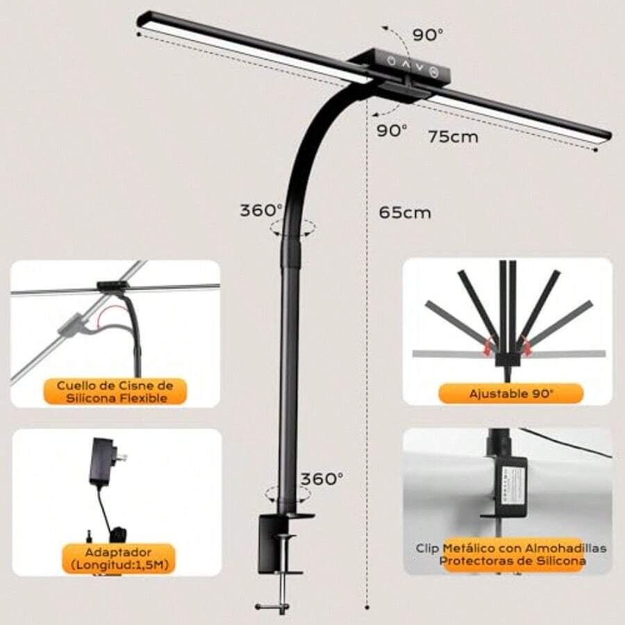 Lámpara de escritorio de doble cabezal con brazo flexible de 68 cm y pinza, 2300 LM, 4 colores y 3 niveles de brillo táctil, ideal para oficina, estudio o manualidades - 75CM * Control remoto - Ver 1